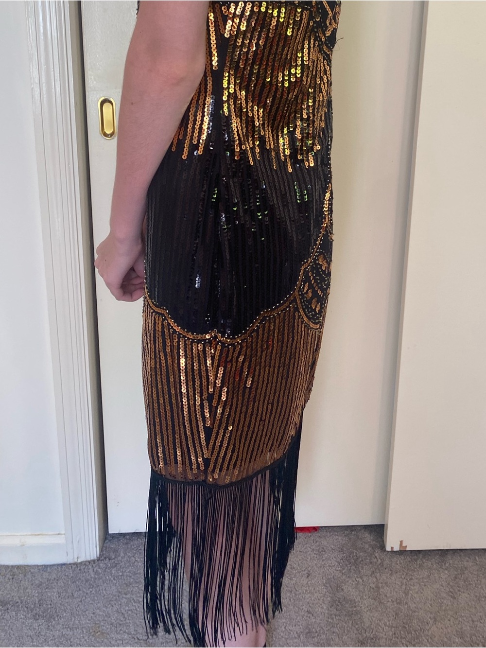 Size Small 1920s Flapper Black & Gold Sequin Fringe Midi Dress party Halloween - Picture 12 of 14